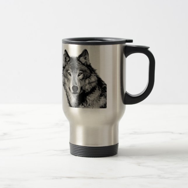 Taza De Viaje Mugs de viajes de Lobo Blanco y Negro (Derecha)