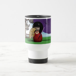 Taza De Viaje Muñeca Kokeshi Japonesa Arte Flor de Cerezo