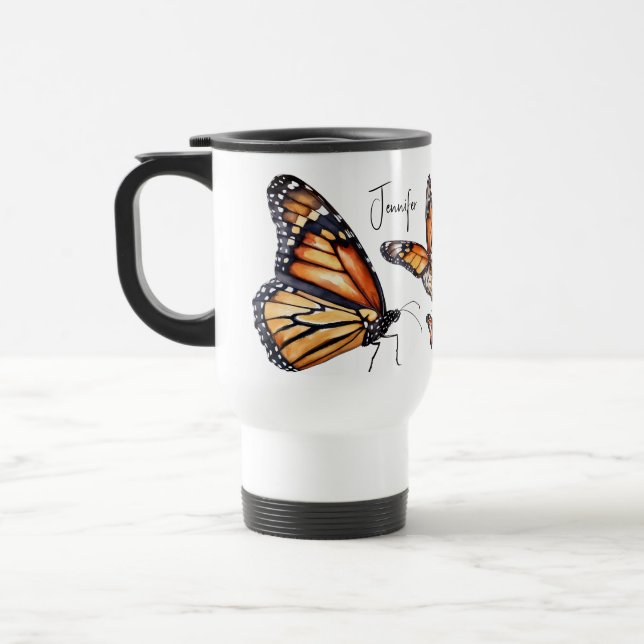 Taza De Viaje Naranja y mariposas monarcas negras (Izquierda)