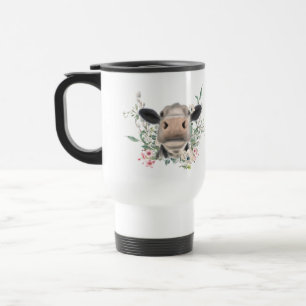 Taza De Viaje nariz de vaca besa flores acuarela gris animal de 