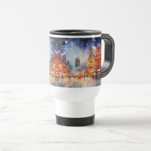 Taza De Viaje Navidades de Watercolor European Winter Cityscape