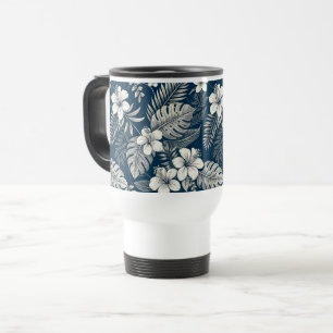 Taza De Viaje Navy Blue Hibiscus Monstera Tropical Botanical