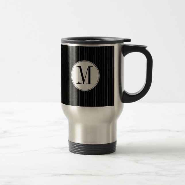 Taza De Viaje Negro Pinstripe Single Monogram Mug (Derecha)
