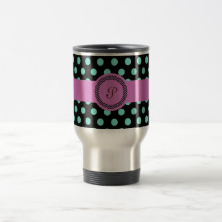 Taza De Viaje Negro verde rosado del polkadot del monograma