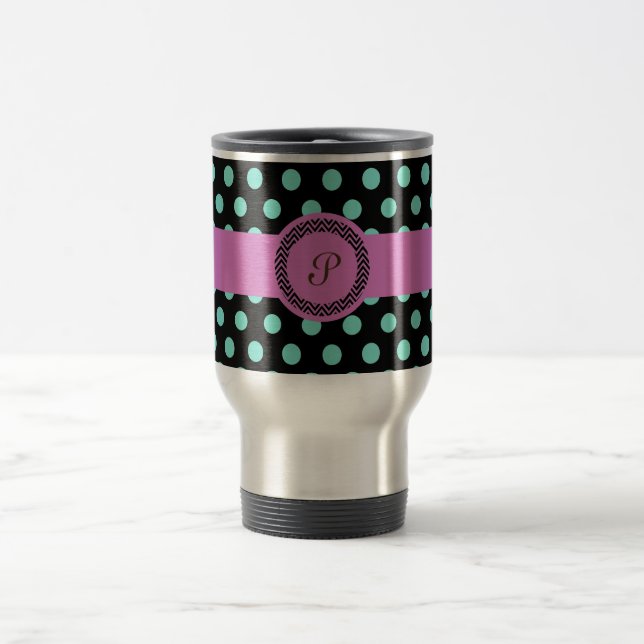 Taza De Viaje Negro verde rosado del polkadot del monograma (Centro)