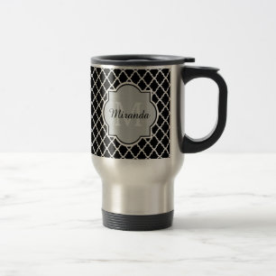 Taza De Viaje Nombre con monograma blanco y negro moderno de