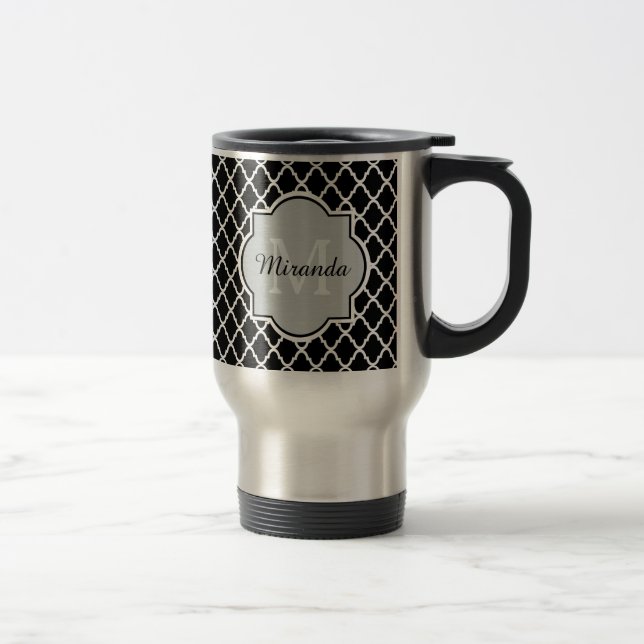 Taza De Viaje Nombre con monograma blanco y negro moderno de (Derecha)