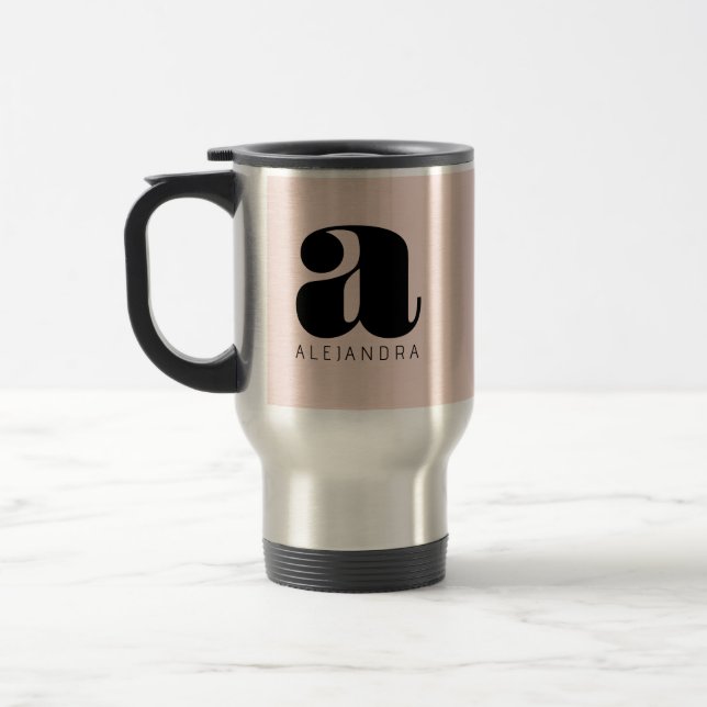 Taza De Viaje Nombre de monograma rosa Rubor negrita moderno (Izquierda)
