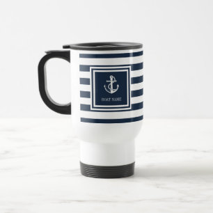 Taza De Viaje Nombre del barco franja azul marino ancla náutica