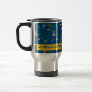 Taza De Viaje Nombre del patrón de dinosaurio azul lindo