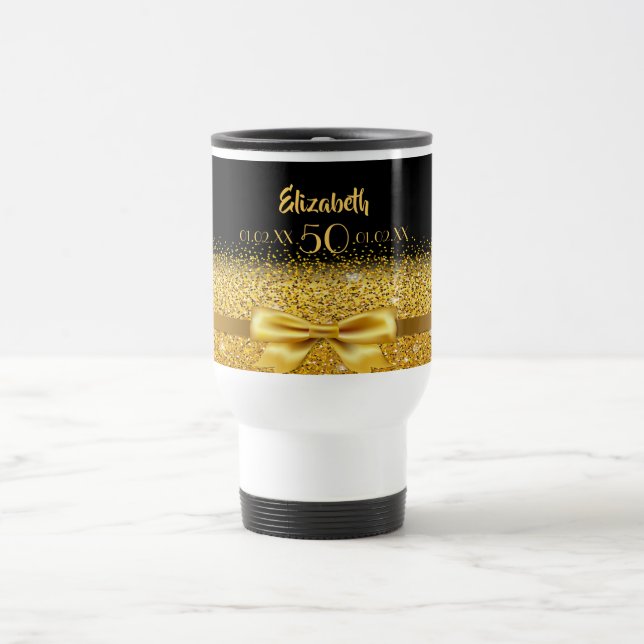 Taza De Viaje Nombre elegante del arco dorado negro de cumpleaño (Centro)