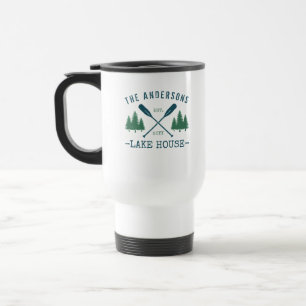 Taza De Viaje Nombre Familiar Lake House Rustic Oars Pine Trees