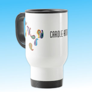 Taza De Viaje Nombre, Paisleys Coloridos Calados Blancos 15oz
