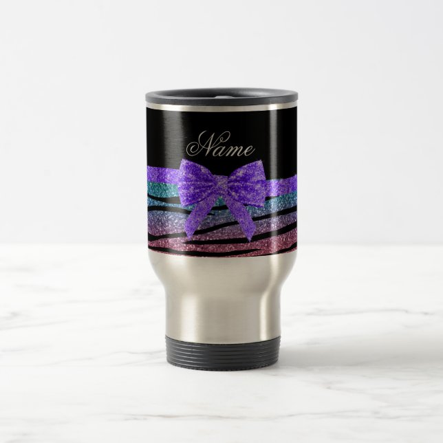 Taza De Viaje Nombre personalizado arco iris purpurina rayas ceb (Centro)