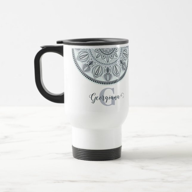 Taza De Viaje Nombre personalizado Armonía floral Gris Monotone  (Izquierda)
