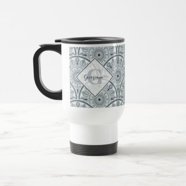 Taza De Viaje Nombre personalizado Art Deco Armonía floral Gris  (Izquierda)