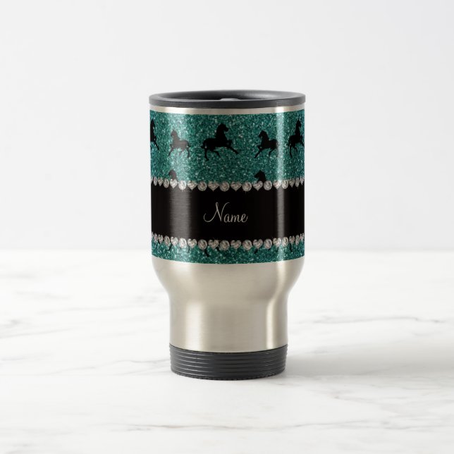 Taza De Viaje Nombre personalizado caballos turquesa purpurina (Centro)