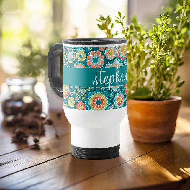 Taza De Viaje Nombre personalizado del patrón floral de verano c (Personalized travel mug - add photos and text or customize completely)