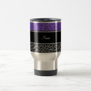 Taza De Viaje Nombre personalizado leopardo negro purpurina púr