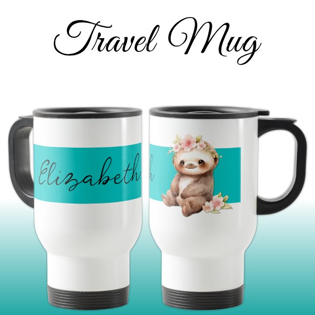 Taza De Viaje Nombre personalizado lindo perezoso negro turquesa (Subido por el creador)