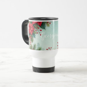 Taza De Viaje Nombre personalizado Navidades acuarela floral Poi