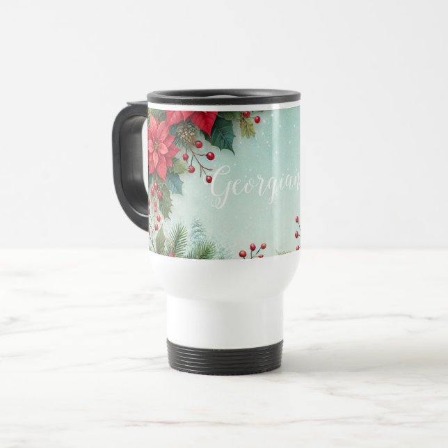 Taza De Viaje Nombre personalizado Navidades acuarela floral Poi (Anverso izquierdo)