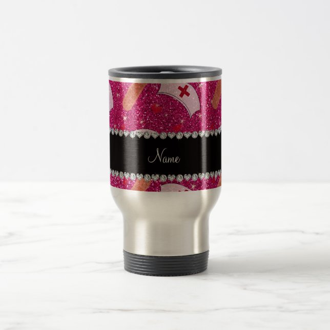 Taza De Viaje Nombre personalizado neón rosa caliente purpurina  (Centro)