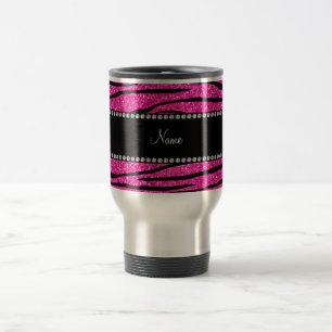 Taza De Viaje Nombre personalizado neón rosado purpurina rayas