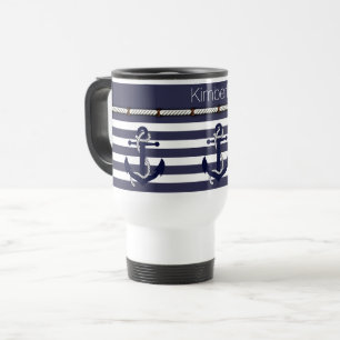 Taza De Viaje Nombre personalizado Patrón de rayas Anclas Náutic