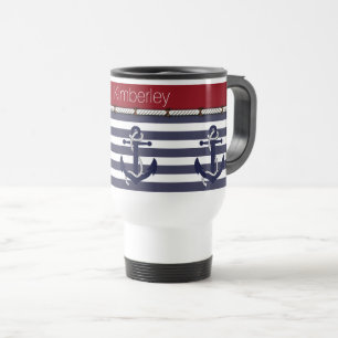 Taza De Viaje Nombre personalizado Patrón de rayas Anclas Náutic