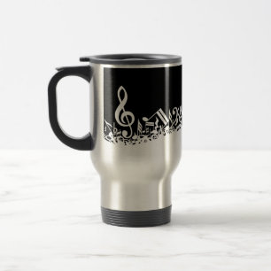 Taza De Viaje Notas musicales embarulladas blancas sobre negro