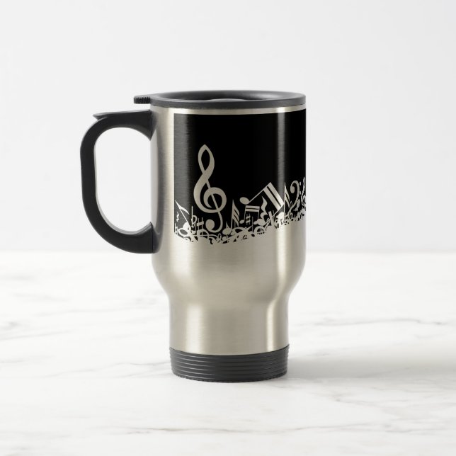 Taza De Viaje Notas musicales embarulladas blancas sobre negro (Izquierda)