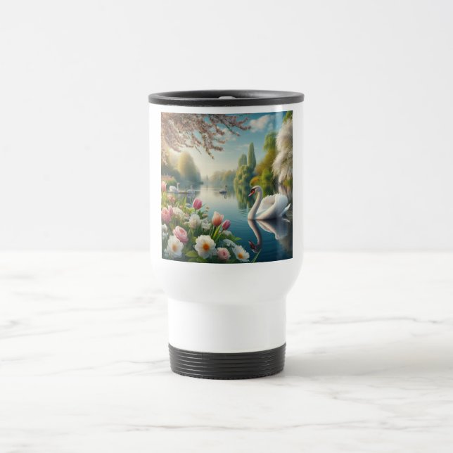 Taza De Viaje Obra artística de primavera de lagos de cisne flor (Centro)