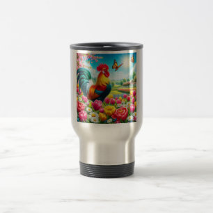 Taza De Viaje Obra de arte de gallos/gallos/gallinas con flores/