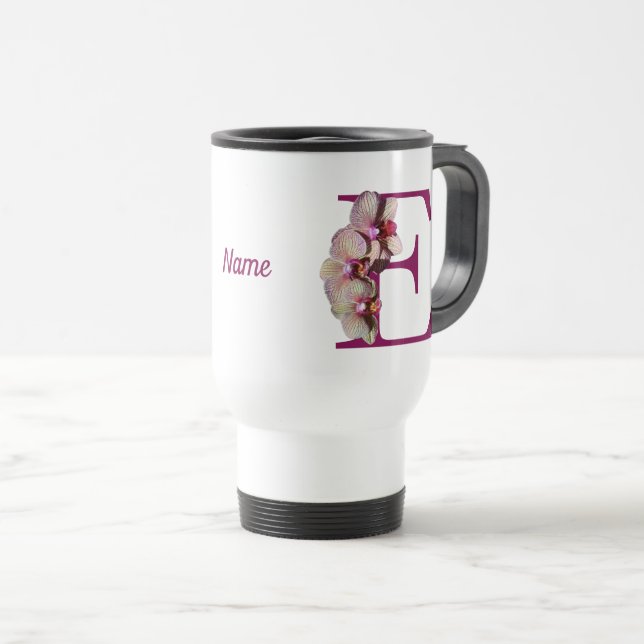 Taza De Viaje Orquídea Elegante Monograma Nombre E Inicial  (Anverso derecho)