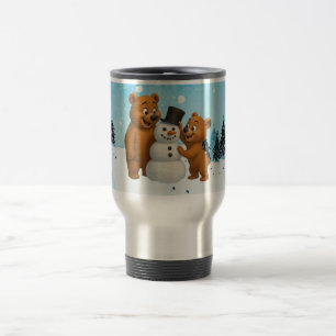 Taza De Viaje osos lindos construyendo un muñeco de nieve