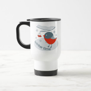 Taza De Viaje Pájaro bullfinch de invierno y bayas rojas