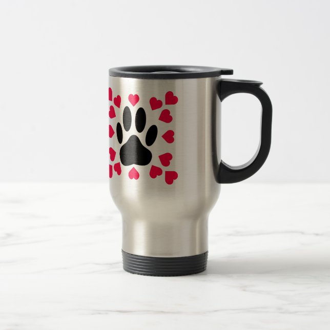 Taza De Viaje Papel de perro negro con formas cardíacas (Derecha)