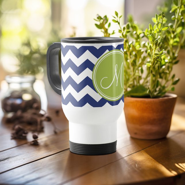 Taza De Viaje Patrón Chevron con monograma - Lime de la Marina (Personalized travel mug - add photos and text or customize completely)
