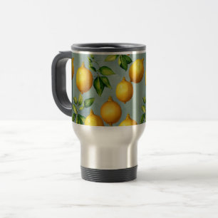 Taza De Viaje Patrón de arte de limones y hojas vintage sobre gr