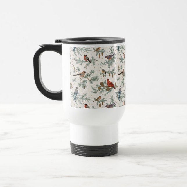 Taza De Viaje Patrón de aves de invierno y ramas de pino (Izquierda)