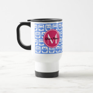 Taza De Viaje Patrón de búho azul Personalizado rosado Monograma