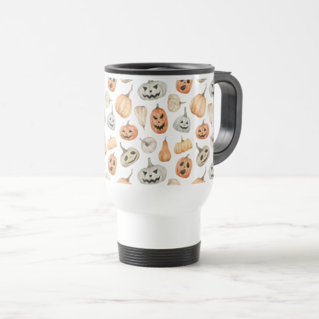 Taza De Viaje Patrón de calabaza de acuarela divertida (Anverso derecho)
