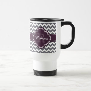 Taza De Viaje Patrón de Cuatrefoil Morado Monograma Gris Chevron