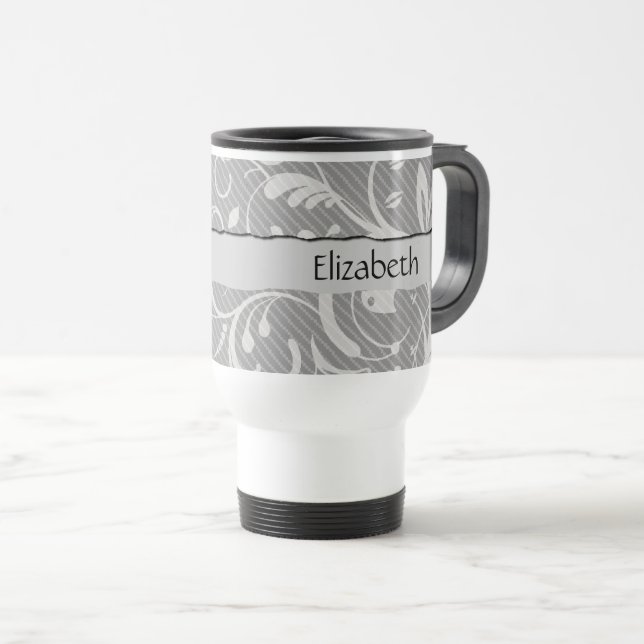 Taza De Viaje Patrón de Damasco, Damasco gris, tu nombre (Anverso derecho)