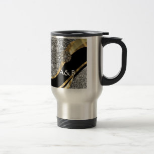 Taza De Viaje Patrón de damasco floral blanco y negro