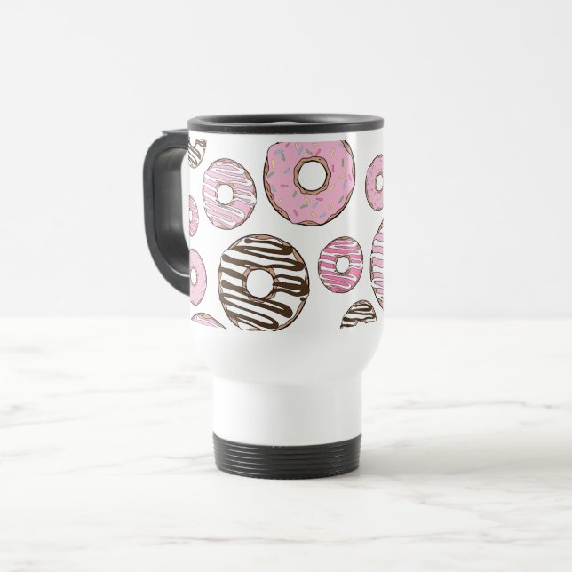 Taza De Viaje Patrón De Donuts, Donuts Rosados, Donuts Blancos (Anverso izquierdo)