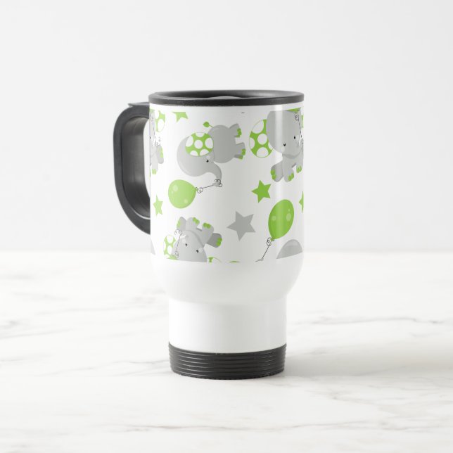 Taza De Viaje Patrón de Elefantes, Elefantes Cutos - Gris Verde (Anverso izquierdo)