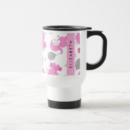 Taza De Viaje Patrón De Elefantes Rosa, Estrellas, Tu Nombre