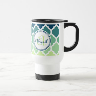 Taza De Viaje Patrón de Entramado marroquí verde azul monogramad